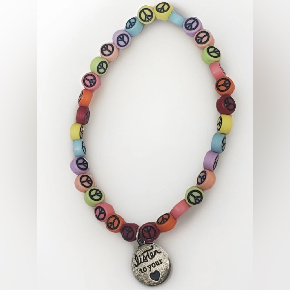 8mm Beaded Stretch Bracelet Multicolor Peace 7.5” W/ Listen To Your Heart Charm